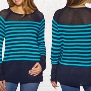 525 America Women's Striped Crew Neck Sweater Lightweight Blue Sheer Panel Small